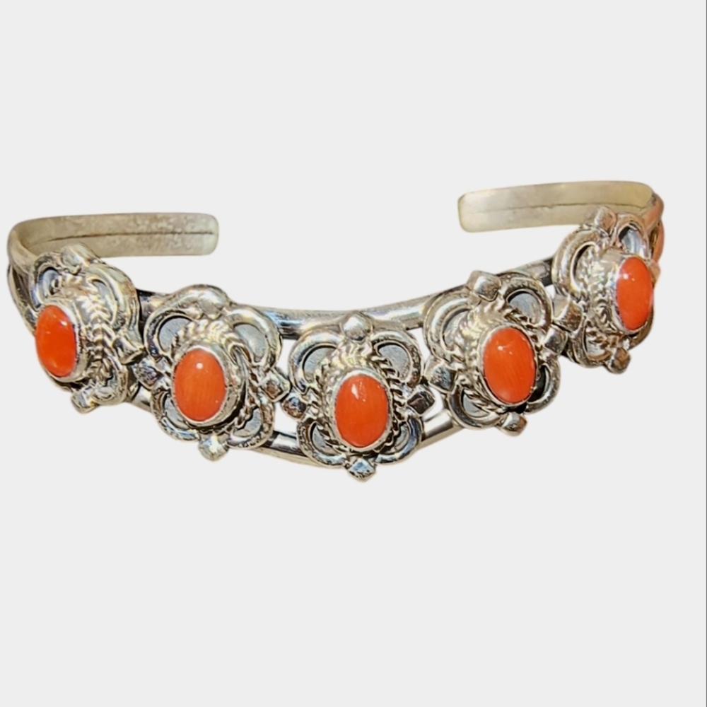 Running Bear Signed Navajo Bobby Platero Coral & Sterling Silver Bracelet